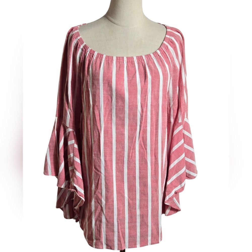 Fever Washed Red Striped Women's Bell Sleeve Tunic Top